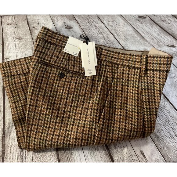 Banana Republic Relaxed Tapered Fit Trousers Pants Sz 32R Houndstooth Wool Blend